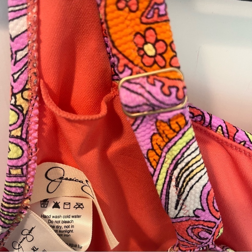 Jessica Simpson Retro Pink Orange Paisley Tie Bikini Top Size XL - Picture 10 of 12